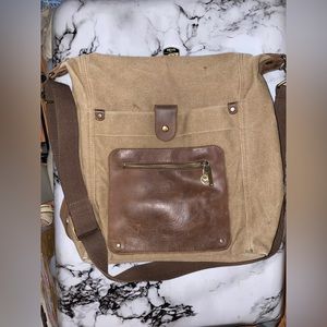 Custom Canvas & Leather Crossbody bag in light brown.